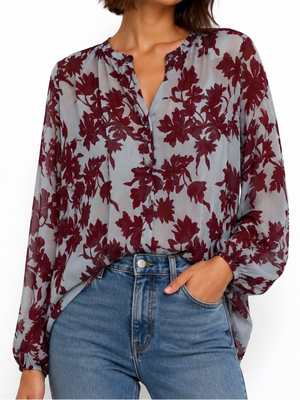 a new day Burgundy Floral Sheer Blouse on Light Gray